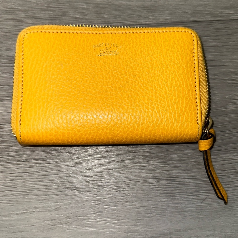Gucci yellow pebble leather small zip around wallet